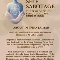 I often collaborate with experienced practitioners like Deepika Kumar to bring diverse healing modalities to the Yogshala. This poster provides details about her extensive background in spirituality and the unique perspective she brings to our workshops.