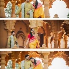 Dressed in elegant ethnic wear, this couple's pre-wedding shoot at a heritage location combines tradition with grandeur. The intricate architecture provides a timeless backdrop for their portraits.