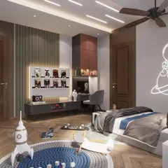 A bedroom is not just for sleeping; it's a space that reflects character. This kids' bedroom is designed for play and creativity, featuring a neon astronaut light, a rocket-themed rug, and a dedicated area for displaying collectibles and doing homework.