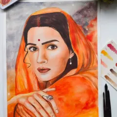 A watercolor portrait of Kriti Sanon as Sita from the movie Adipurush. The warm, glowing background contrasts with her serene expression.