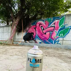 A shot from the perspective of the spray can, showing the artwork coming to life. The Flame Blue can is one of my go-to tools for its low pressure and control.