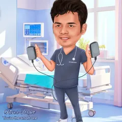 This caricature was a gift for a doctor. I can create personalized professional portraits that highlight a person's job or passion, making it a truly unique gift for any occasion.