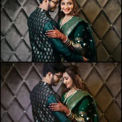 An intimate studio portrait of a couple in matching green traditional outfits, sharing a tender moment against a textured backdrop.