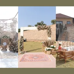 A glimpse into a boho-chic Haldi ceremony. With earthy tones, pampas grass, macrame details, and rustic wooden furniture, we create a relaxed, free-spirited, and stylish atmosphere.