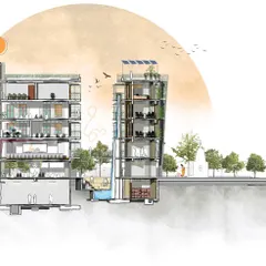 A sectional drawing of the Chinmaya Mission Gurudham project. This illustration shows how we integrate passive architectural principles from the very start, using shading, natural light, insulation, and features like a 'kund' (water body) and 'Aakash Chowk' (courtyard) to create harmony with nature.