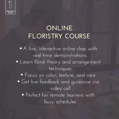 My Online Floristry Course is a live, interactive class with real-time demonstrations. It's perfect for remote learners who want to learn floral theory, arrangement techniques, and get live feedback on their work.