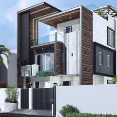A different angle of the Muzaffarpur residence, highlighting the interplay of volumes and materials. The wooden soffits add warmth to the modern structure, while glass railings ensure unobstructed views.