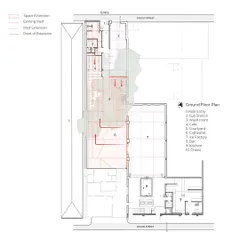 The ground floor plan for IF.BE. This drawing shows the final layout, revealing the organizational anatomy of the space, from the main entry to the courtyard, Cathedral, and the original Ice Factory hall.