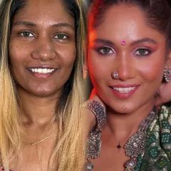 A powerful before-and-after transformation from my makeup course. This shows how I teach students to work with different skin tones and features to create a stunning Navratri-inspired look.