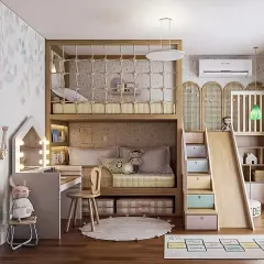 This whimsical kids' room is built for fun and function, featuring a custom loft bed complete with a safety net, a playful slide, and built-in storage drawers. We also integrated a compact vanity and desk area, making it a space that encourages both creativity and organization.