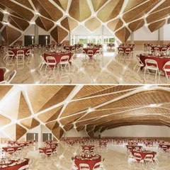 A render of the banquet hall for the MCA Pune project. The complex, web-like superstructure of the ceiling is the main architectural feature, creating a vast, column-free space.