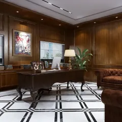 The executive director's cabin at the Mahalakshmi Logistics office in Palwal. This space features classic wood wall paneling, a statement black and white marble floor, and traditional furniture to project an image of authority and timeless elegance.