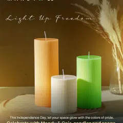 My tricolor pillar candles, created for Independence Day. These ribbed sculptural candles in saffron, white, and green let your space glow with the colors of pride.