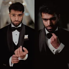 A collage of a groom's portraits in a classic black tuxedo, highlighting his sharp and sophisticated look.