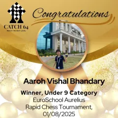 Well done to Aaroh Vishal Bhandary for his victory in the Under 9 category at the EuroSchool Aurelius Rapid Chess Tournament. It's wonderful to see our students excel in inter-school competitions.