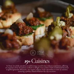 "19+ Cuisines." This graphic, paired with an image of our artfully crafted bruschetta, speaks to the vast culinary expertise and versatility of our expert chef team.