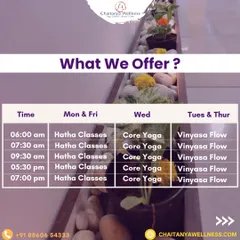 Here's what we offer. This schedule shows our weekly Hatha, Core Yoga, and Vinyasa Flow classes available at our Bangalore studios.
