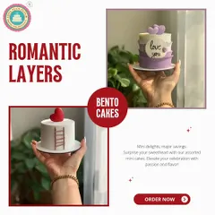 My romantic bento cakes are perfect for celebrating love in a small, sweet way. This image shows two popular designs: one with a heart climbing a ladder and another with a simple "love you" message. They are mini delights for your most intimate moments.