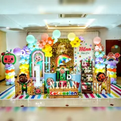 It's a Cocomelon party! I bring the cheerful world of JJ and his friends to life with bright colors, a full cast of character cutouts, and a playful backdrop that will have all the kids singing along. This theme is a huge hit for first and second birthdays.
