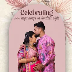 This professionally edited photo captures the couple's special day. The matching pink outfits stand out, showing how renting coordinated attire can elevate your event photos.