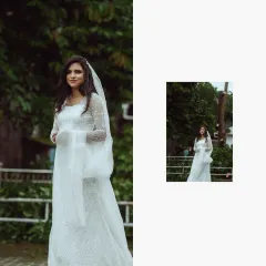 A full-length view of a stunning bridal gown, showcasing its intricate details. This collage highlights the beauty of the bride's chosen attire against a simple, elegant backdrop.