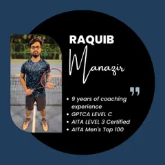 Meet coach Raquib Manazir, a key member of our team. As a GPTCA Level C and AITA Level 3 certified coach, he specializes in technical analysis and the mental aspects of the game.