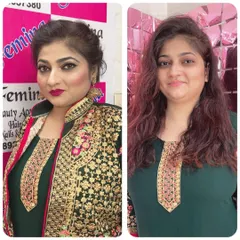 A complete party makeover, showing the transformation from a simple look to full glam. I focused on a bold magenta lip, defined eyes, and an elegant updo to complement her embroidered jacket.