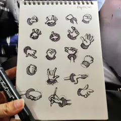 A page full of hand studies. Hands are one of the most expressive parts of the body, and I love practicing drawing them in different cartoon and realistic styles.
