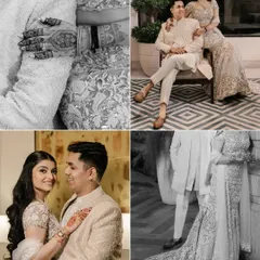 A mix of color and black and white shots, this collage highlights the details of the couple's outfits, their henna, and their loving poses.