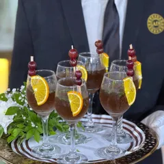 From tangy to sweet, every sip is crafted to delight. A server holds a tray of our elegant mocktails, garnished with fresh fruit, ready to be served to guests.
