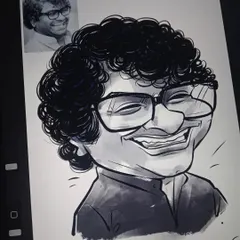 A look at my digital drawing process on a tablet, with the reference photo of Kushal Badrike in the corner for comparison.