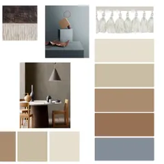 A detailed look at the elements of our "Warm Embrace" moodboard. It combines textures of dark wood and woven materials with a color palette of earthy browns and cool blues, creating a foundation for a balanced and serene interior.