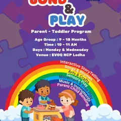 An overview of our Bond & Play program for toddlers aged 9-18 months. This flyer details the activities we offer, including interactive storytelling, arts and crafts, and sensory play.