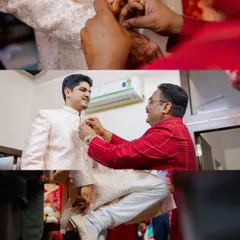 A collage capturing the groom's getting-ready moments. These shots of Mehul show the final touches being put on his wedding attire, a special time often shared with family.
