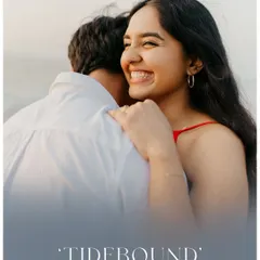 "Tidebound," a beautiful poster for Soorya and Lakshika's beach pre-wedding shoot. The gradient overlay and serene photo create a dreamy, romantic feel.