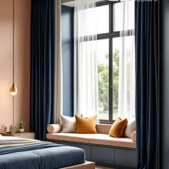 Natural light is a key element in my designs. Here, the large window with a built-in seating area becomes the focal point, framed by rich midnight blue curtains that complement the room's warm peach tones.