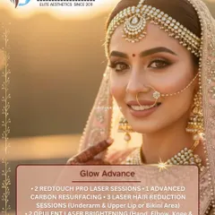 Our Bridal Glow Advance package is designed to boost collagen, smooth texture, and amplify your luminosity. It combines advanced treatments like RedTouch PRO laser sessions, carbon resurfacing, laser hair reduction, and opulent laser brightening for hands and feet.