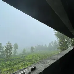 Another perspective of the framed view from the Ooty project. This image emphasizes how the clean lines of the architecture contrast with the soft, organic shapes of the hills, creating a powerful visual dialogue between the built and the natural.