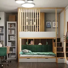 We designed this bunk bed to be a complete ecosystem for a child. It features a comfortable lower bed, a safe upper bunk, stairs with built-in storage drawers, and an attached desk, ensuring every function is covered in one smart design.