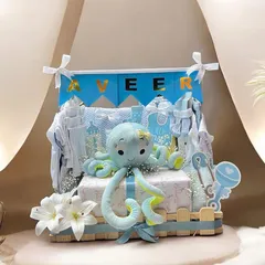 The cutest baby arrival hamper for a little boy named Veer. This gift is overflowing with baby clothes, a plush octopus toy, and other essentials, all in a lovely blue-themed arrangement.