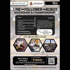 Announcing our Line-Follower Robot Workshop & Championship. This event, open to students from 4th standard onwards, includes a 2-day practical workshop leading up to the zonal competition.
