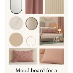 A mood board created for a kid's bedroom, showcasing the soft color palette, fabric textures, and furniture styles we proposed. This visual tool helps align our vision with the client's expectations for a dreamy and cozy room.