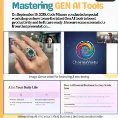 Screenshots from our live presentation on mastering Gen AI tools. We demonstrate practical uses, such as AI-powered image generation for branding and strategies for integrating AI into your daily business operations.