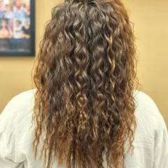 The back view of long, curly hair with a beautiful color blend. The highlights are woven through the curls to create a rich, dimensional, and textured look.