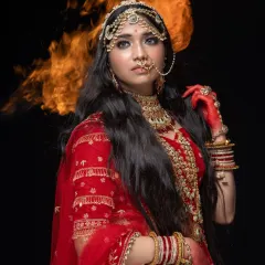 Unleash your inner queen with this breathtaking Padmavathi-inspired look. This rental includes a heavily embroidered red lehenga, intricate jewelry, and professional styling to create a powerful, historical portrait.