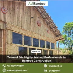 The facade of this bamboo building highlights the clean lines and natural patterns of the material. With a team of over 50 trained professionals, we ensure every construction detail is executed to the highest standard.