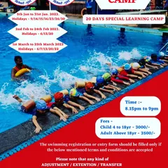 Don't let the season stop you. This poster for our Winter Swimming Camp shows a group of young learners practicing their kicking technique with float boards under the guidance of an instructor. We offer learning opportunities all year round.