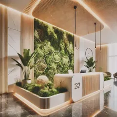 A welcoming and luxurious reception desk we designed, featuring an integrated moss wall and planters. This biophilic design makes a powerful first impression on clients and visitors.