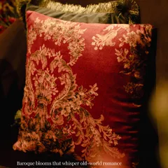 For the dramatic red Sangeet, I chose these baroque-style cushions. The rich red velvet and intricate gold pattern whispered old-world romance and added a layer of opulence to the lounge seating.