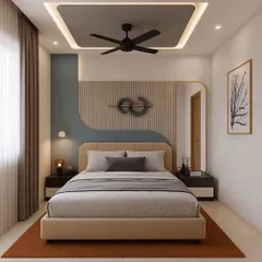 This modern bedroom design uses curved lines and a mix of textures to create a soft, calming effect. The feature wall combines a smooth blue-grey paint with fluted paneling, while the false ceiling adds another layer of dimension.